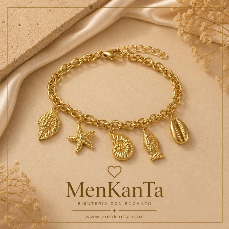 PULSERA ACERO DORADA PEZ CARACOLA ESTRELLA