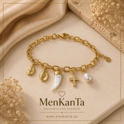 PULSERA ACERO DORADA CRUZ CUERNO NACAR