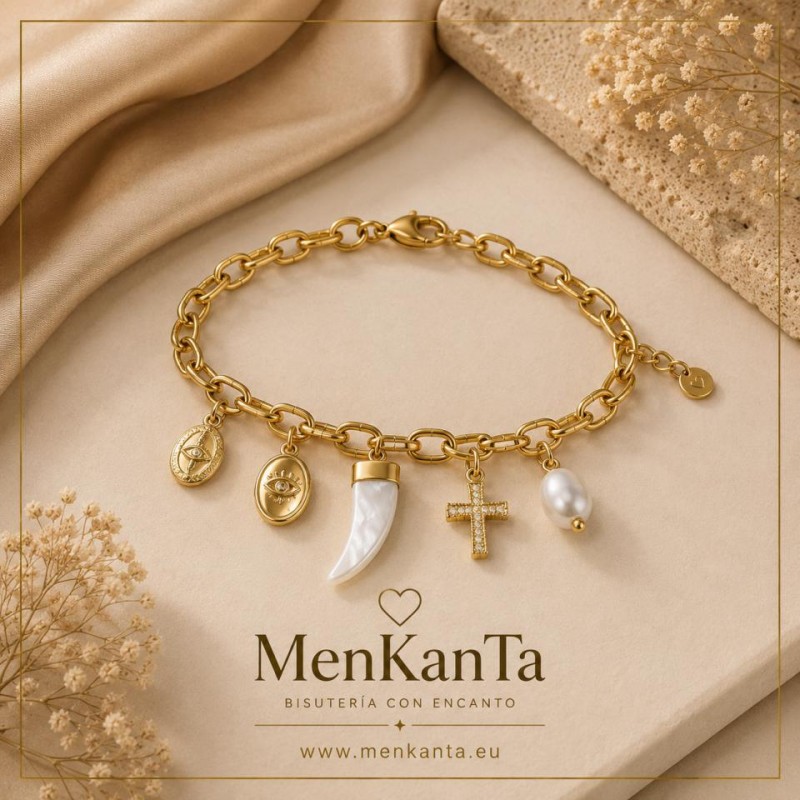 PULSERA ACERO DORADA CRUZ CUERNO NACAR