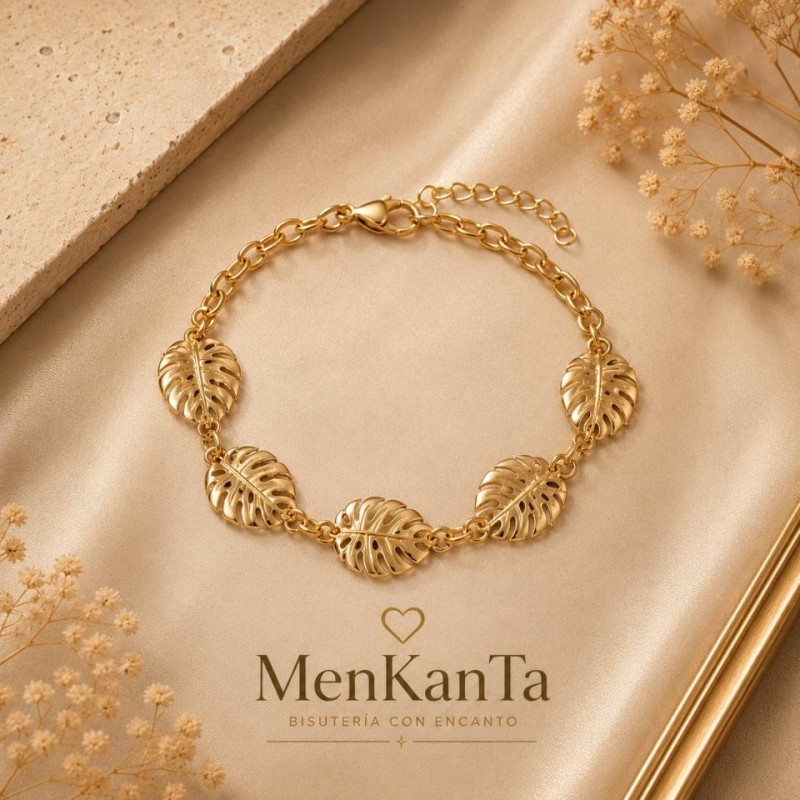 PULSERA ACERO DORADA HOJA MOSTERA