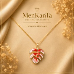 COLGANTE HOJA MOSTERA Y ESMALTE DORADA ROJA