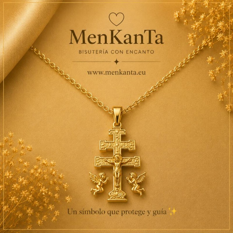 CRUZ DE CARAVACA DORADA CON CADENA  ACERO PQ