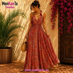 VESTIDO ETNICO LARGA ESPALDA DESCUBIERTA MULTICOLO