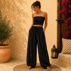 PANTALON LARGO BOMBACHO CON TACHUELAS