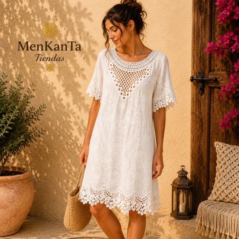 VESTIDO ENCAJE CALADO MANGA CORTA
