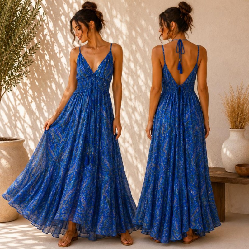VESTIDO AMNA LARGO LAZO ESPALDA NIDO ABEJA DELANTE