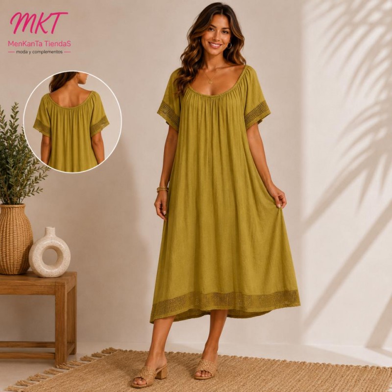 VESTIDO LISO REJILLA EN FILO MANGAS Y BAJO
