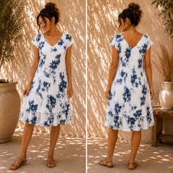 VESTIDO CUELLO PICO FLOR MANGA