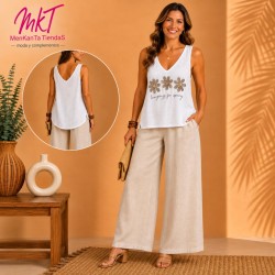 BLUSA TRES MARGARITAS BRILO SIN MANGA