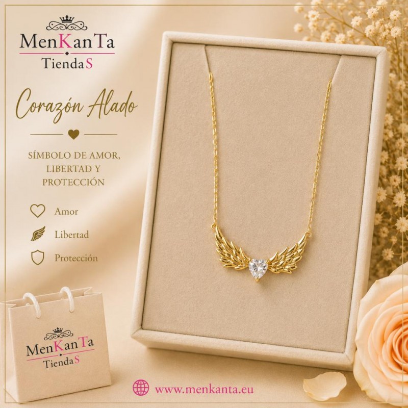 COLGANTE CORAZON ALADO CON PIEDRA  DORADO