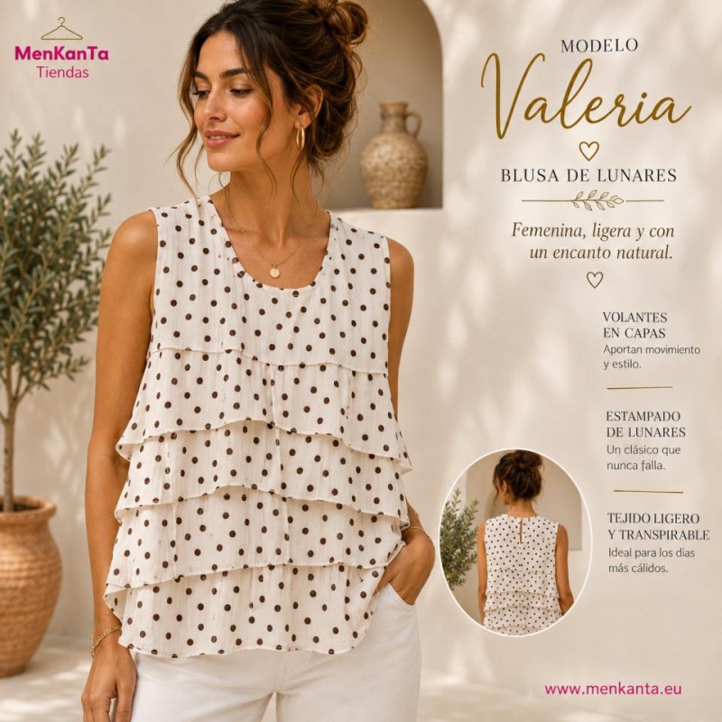 BLUSA VALERIA CON VOLANTES Y TOPOS SIN MANGA