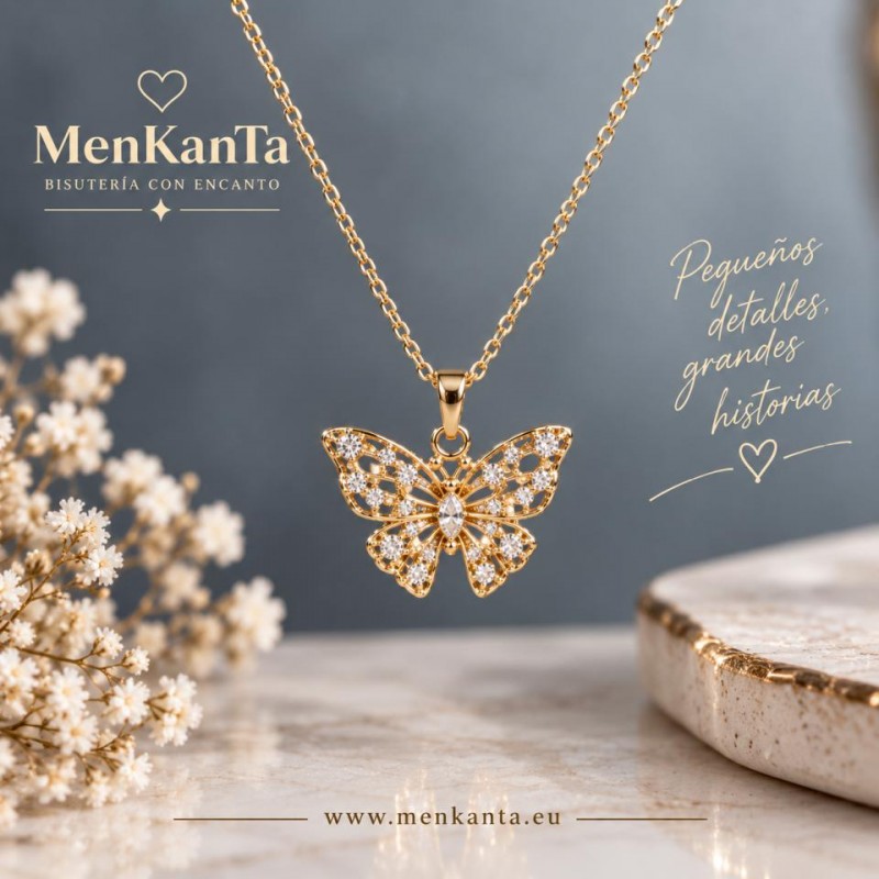 COLGANTE ACERO MARIPOSA DORADO CON PIEDRA BLANCA
