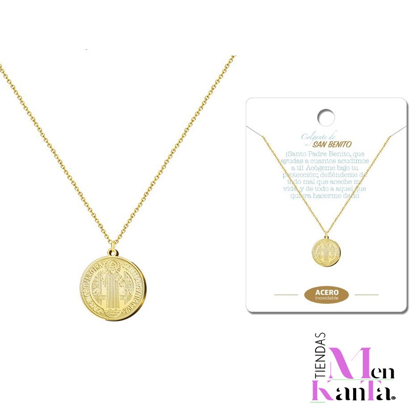 COLGANTE SAN BENITO ACERO DORADO MEDALLA Y CADENA