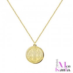 COLGANTE SAN BENITO ACERO DORADO MEDALLA Y CADENA