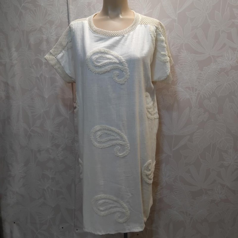 VESTIDO TIPO LINO REJILLA MANGA