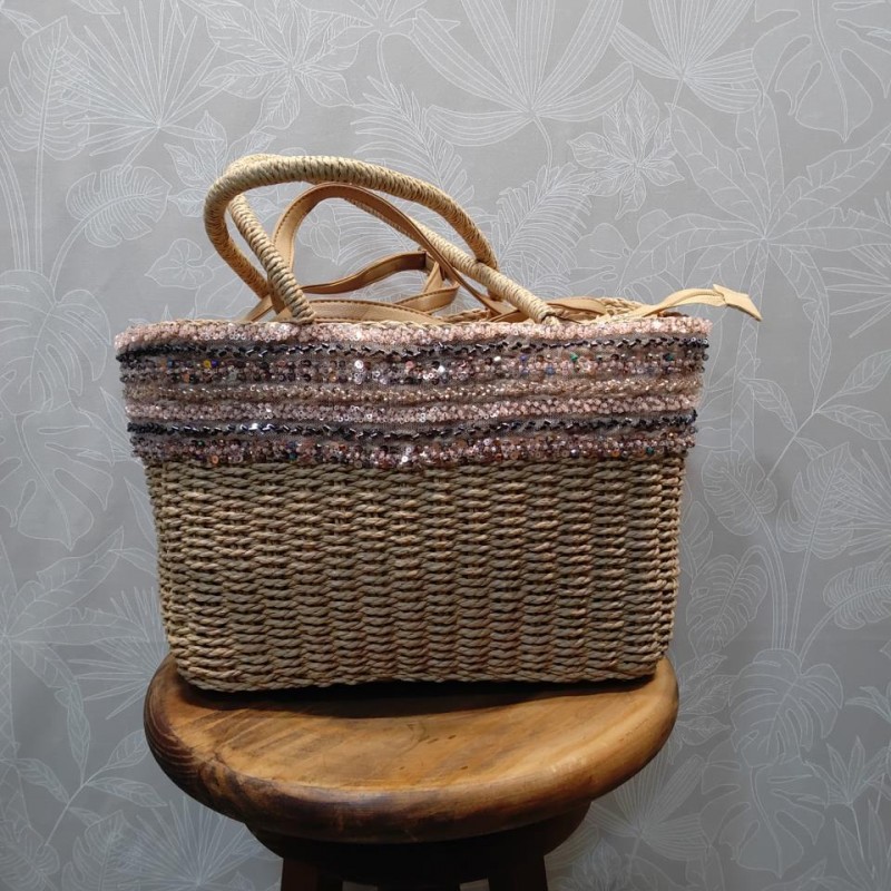 BOLSO DOS ASAS RAFIA CON TIRA DE LENTEJUELA 