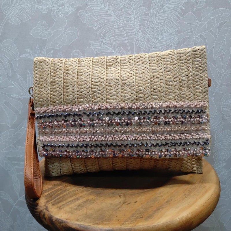 BOLSO MANO BANDOLERA RAFIA C/ TIRA DE LENTEJUELA 
