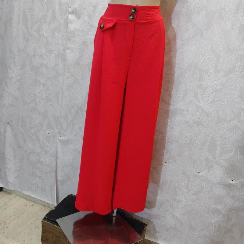 PANTALON LISO LARGO CON BOLSILLOS Y BOTONES