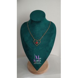COLGANTE CORAZON Y CORAZON PIEDRA ROJA  DORADO