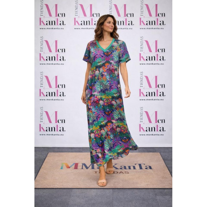 VESTIDO NATURALEZA CUELLO PICO MANGA CORTA 