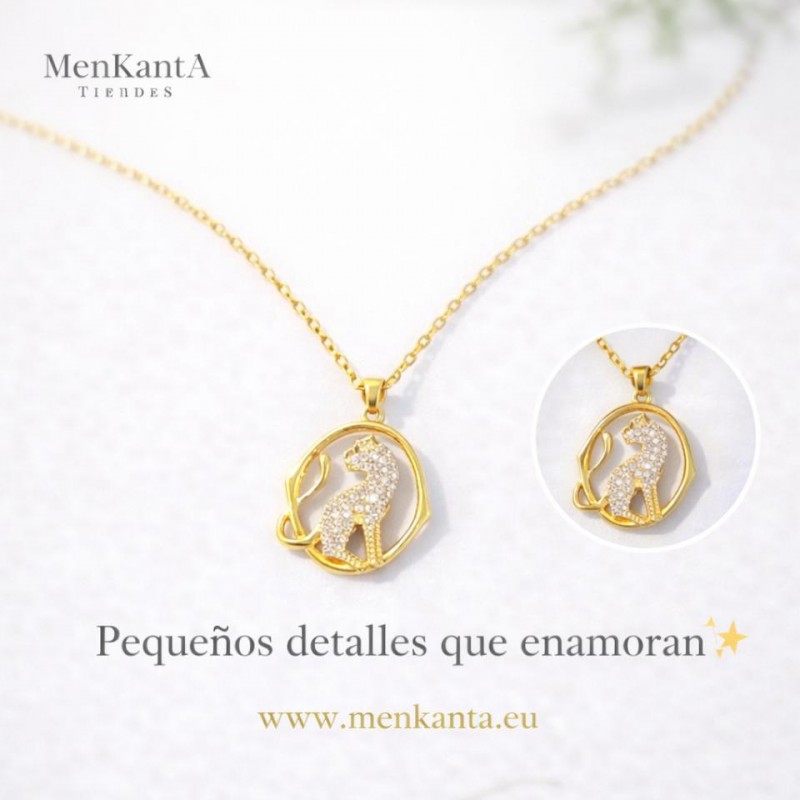 COLGANTE PANTERA EN CIRCULO Y CRISTAL ACERO DORADO