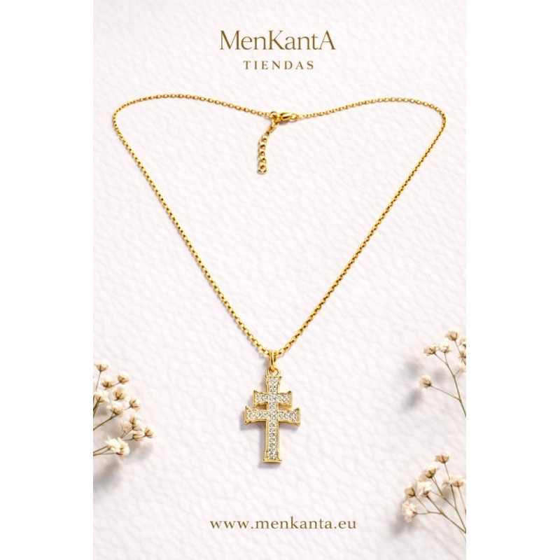 CRUZ DE CARAVACA CON CRISTAL DORADA