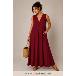 VESTIDO LARGO CUELLO PICO TIEANTE ANCHO 