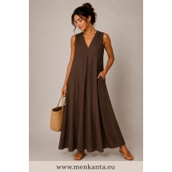 VESTIDO LARGO CUELLO PICO TIEANTE ANCHO 