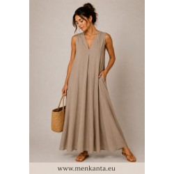 VESTIDO LARGO CUELLO PICO TIEANTE ANCHO 