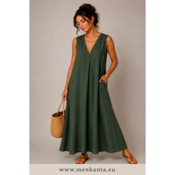 VESTIDO LARGO CUELLO PICO TIEANTE ANCHO 
