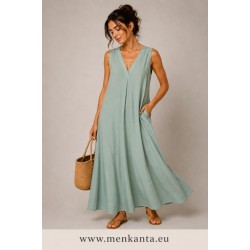 VESTIDO LARGO CUELLO PICO TIEANTE ANCHO 