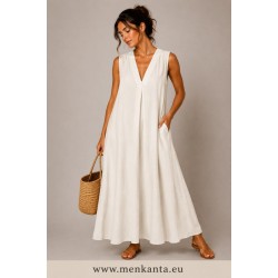 VESTIDO LARGO CUELLO PICO TIEANTE ANCHO 