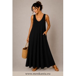 VESTIDO LARGO CUELLO PICO TIEANTE FINO