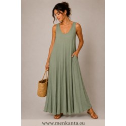 VESTIDO LARGO CUELLO PICO TIEANTE FINO