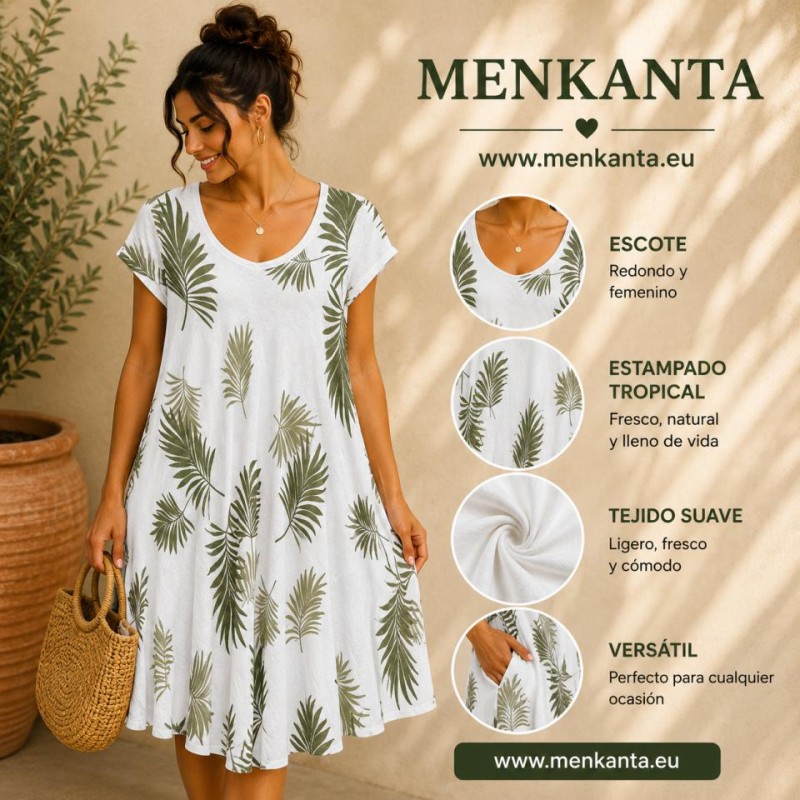 VESTIDO ESTAMPADO TROPICAL MANGA CORTA 