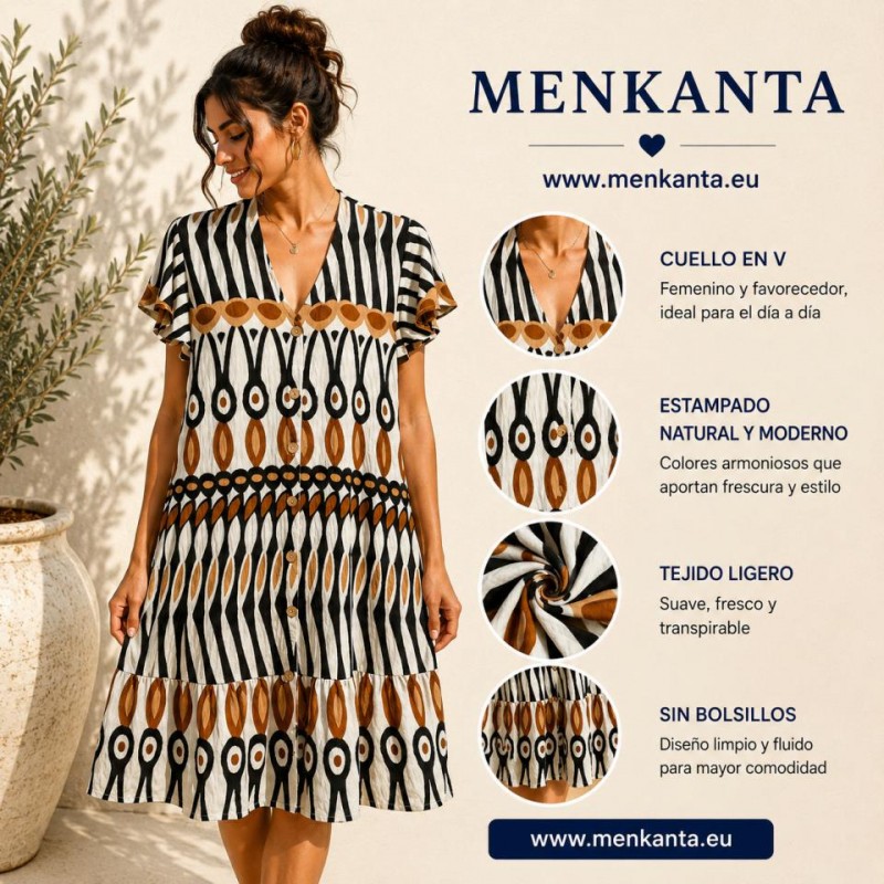 VESTIDO CAMISERO ETNICO MANGA CUELLO PICO 